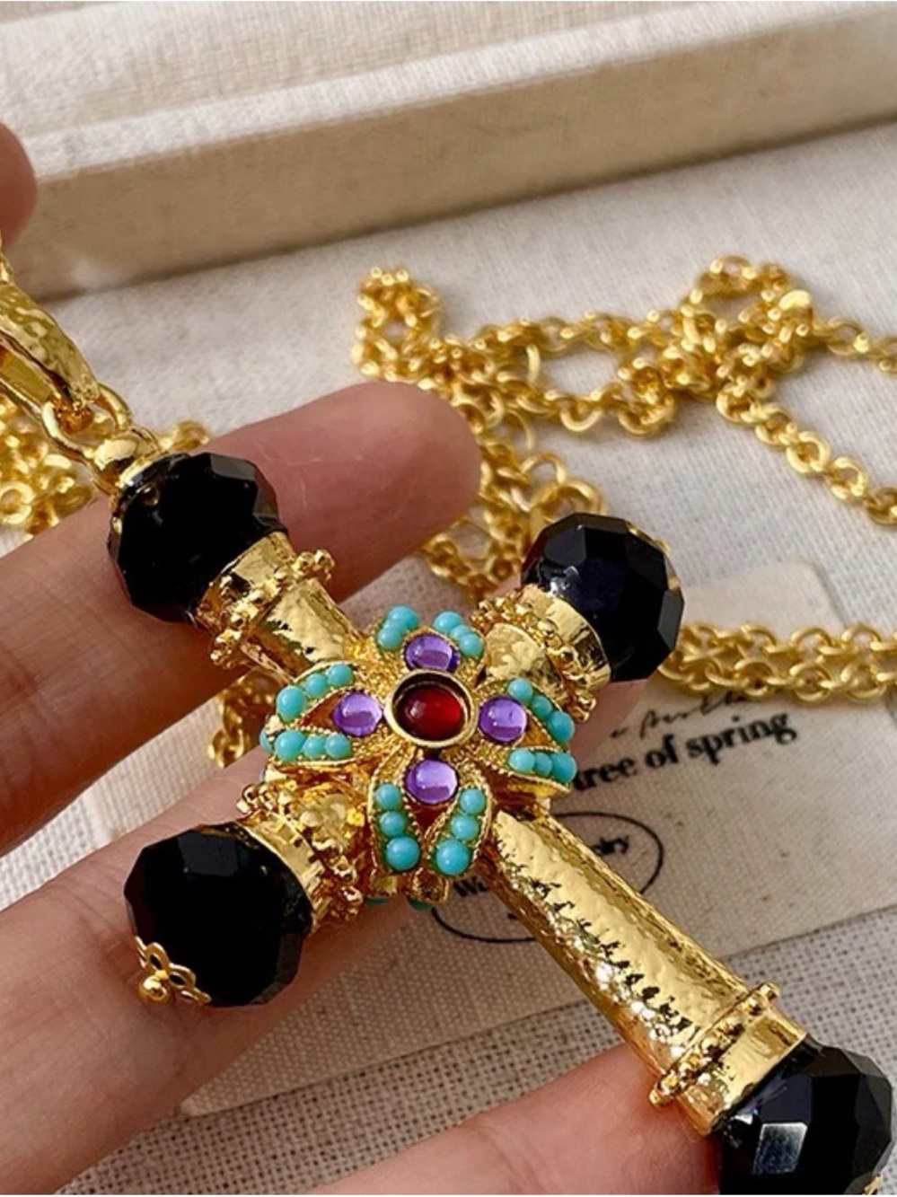 Gold Cross Pendant Necklace with Black Beads and Multicolor Stones